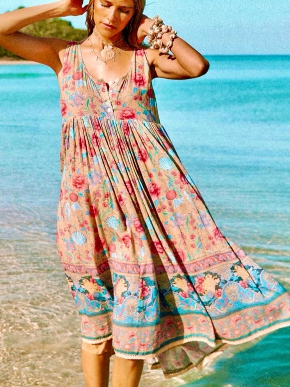 πΊπHPππΊ NWOT Spell & The Gypsy Seashell Babydoll Midi Dress - Picture 2 of 16